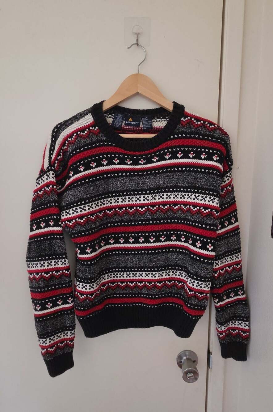 Lizsport Fair Isle Sweater Size M Black Red White Crewneck